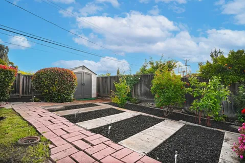 a view of a swimming pool with a yard and plants