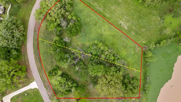 an aerial view of residential houses with outdoor space and trees