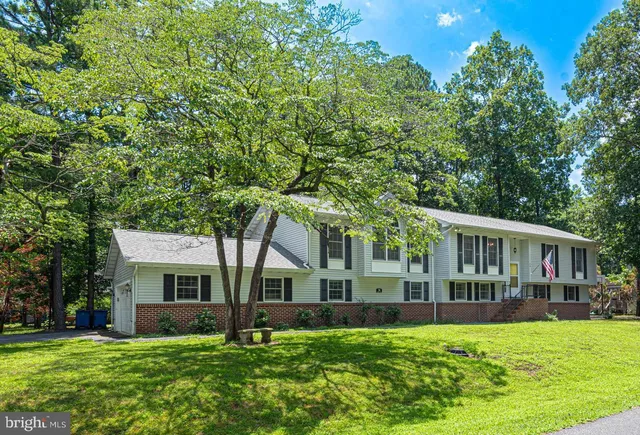 a view of house with a big yard and large trees