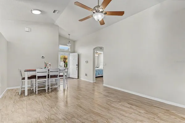 wooden floor in a hall with a workspace