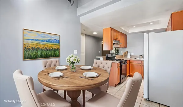 a view of a dining room with furniture