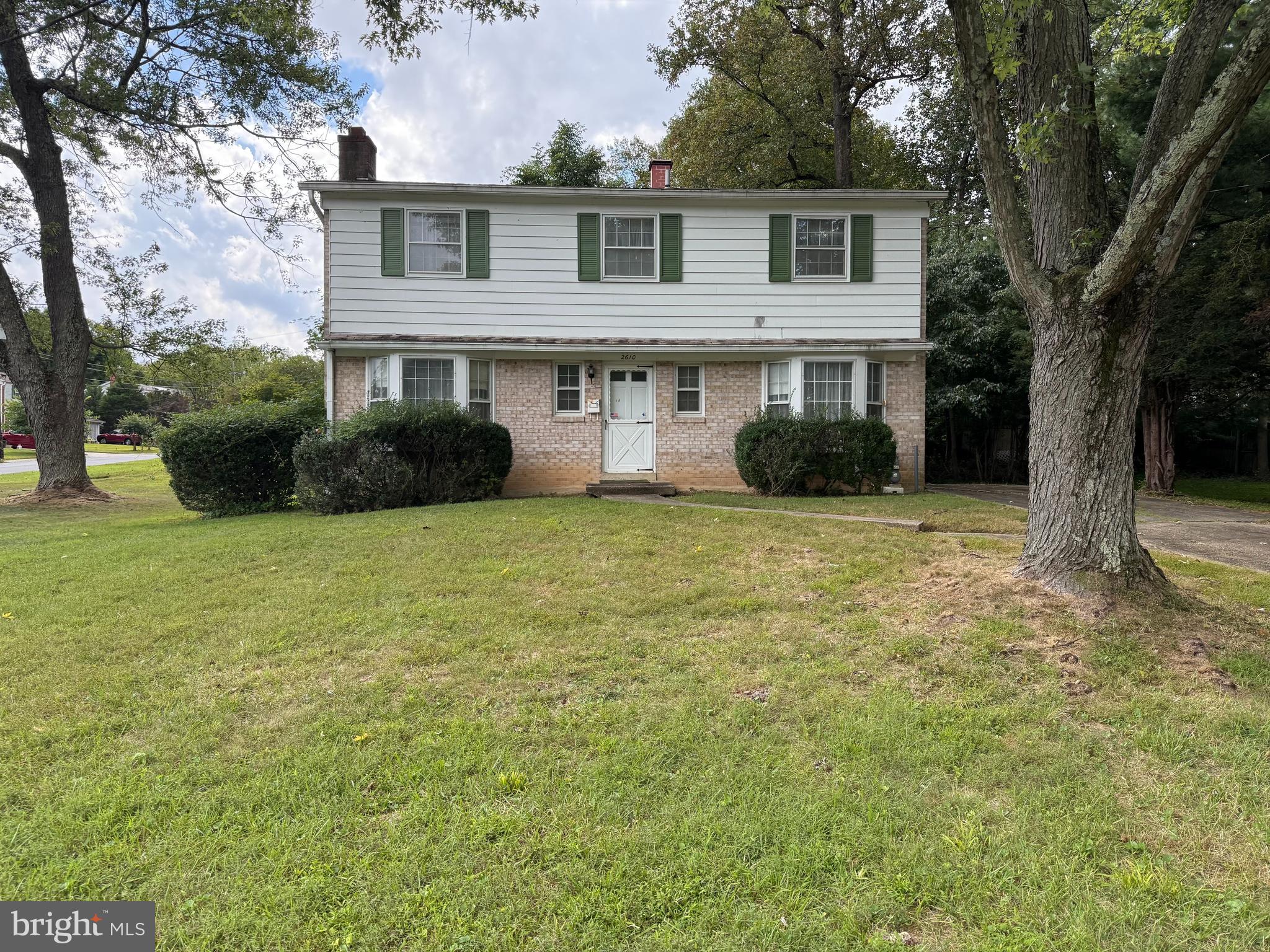 a view of a yard in front of a house with plants and large trees