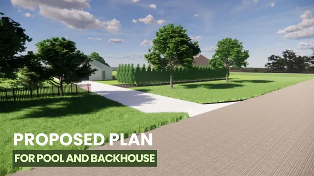 a view of a park with a big house