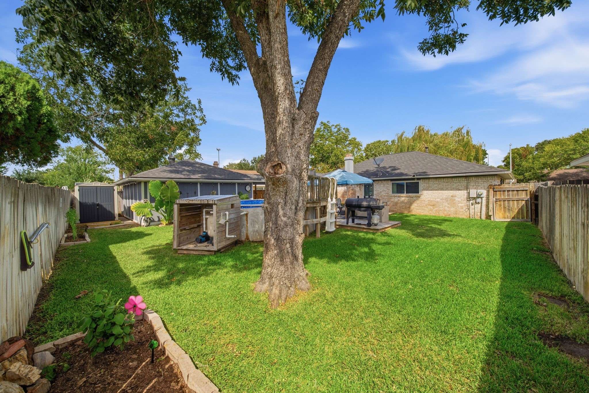19519 Ricelake Lane Houston, TX 77084 - Photo 36 of 47 Charming backyard featuring a lush lawn, mature tree, and a cozy deck with a grill, perfect for outdoor gatherings.