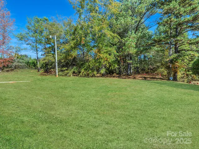 a view of a field with trees in the background