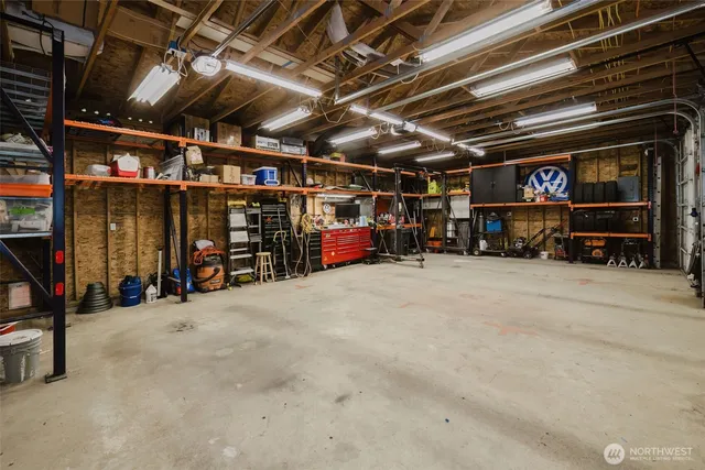 a view of a garage with storage