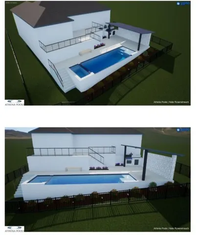 an aerial view of a residential houses with outdoor space and trees