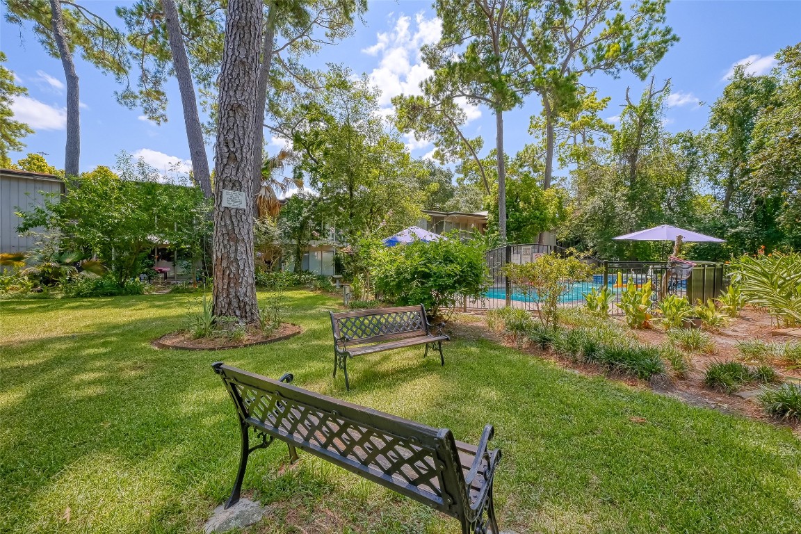 8211 Katy Freeway, Unit 19 Houston, TX 77024 - Photo 31 of 39 a view of a wooden dinning table and chairs in the garden