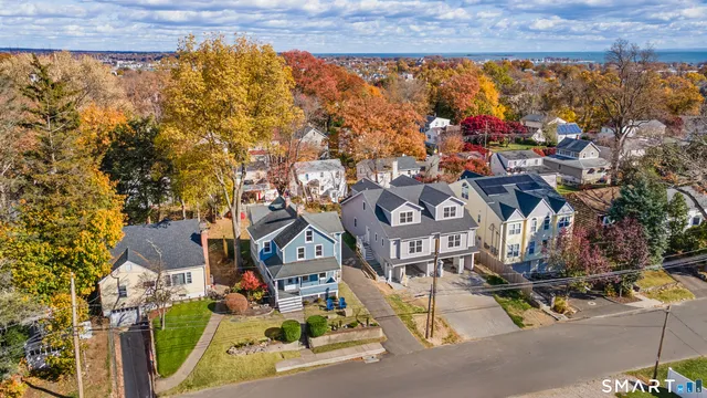 an aerial view of a house with a garden