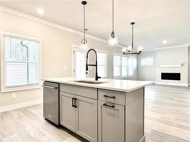 a kitchen with granite countertop a sink a chandelier and stainless steel appliances