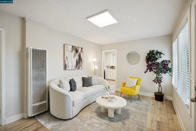 a living room with furniture and a potted plant