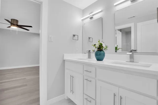a bathroom with a sink a potted plant and a mirror