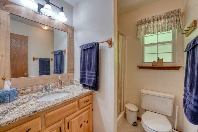 3333 Ellington Road Hayesville, NC 28904 - Photo 38 of 56 a bathroom with a granite countertop sink toilet and shower