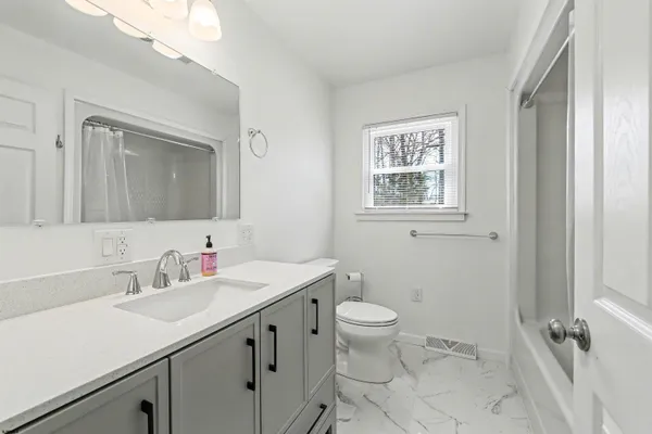 a bathroom with a sink toilet and a mirror