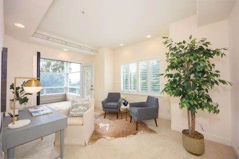 a living room with furniture and a potted plant