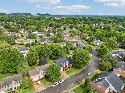 an aerial view of residential houses with outdoor space and trees