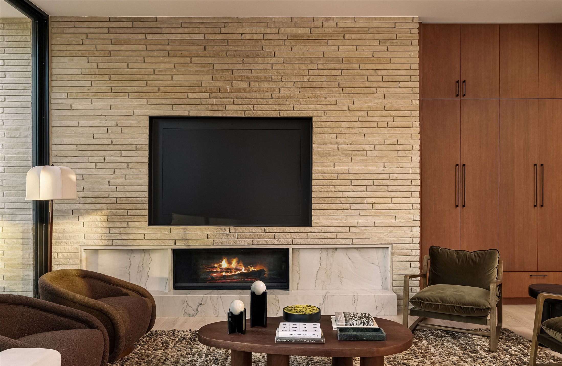 915 Columbus Street Austin, TX 78704 - Photo 7 of 34 Living room with a large fireplace