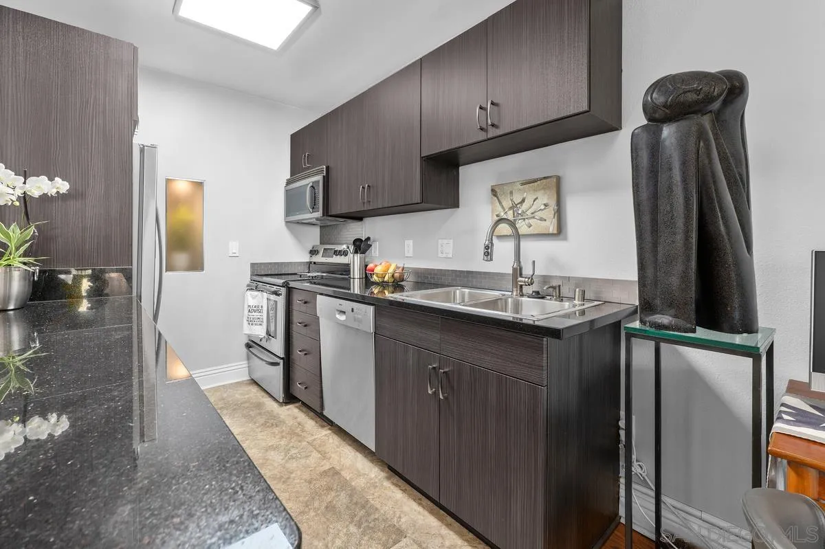 3980 8th Avenue, Unit 308 San Diego, CA 92103 - Photo 16 of 33 a kitchen with stainless steel appliances granite countertop a sink stove and refrigerator