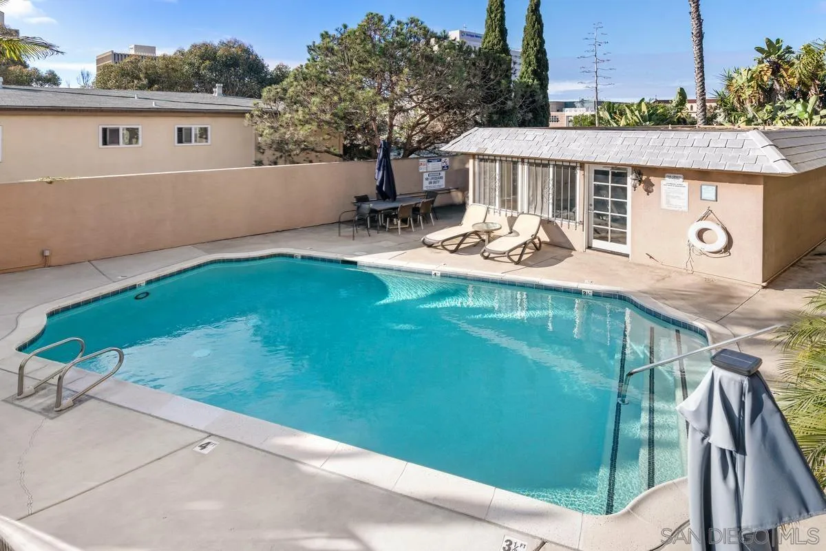 3980 8th Avenue, Unit 308 San Diego, CA 92103 - Photo 27 of 33 a view of a patio with table and chairs with wooden fence