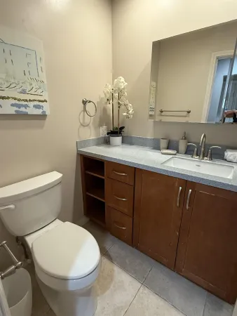 a bathroom with a granite countertop toilet sink and mirror