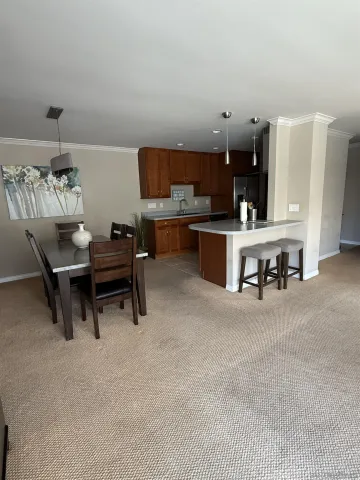 a living room with furniture and a dining table with kitchen