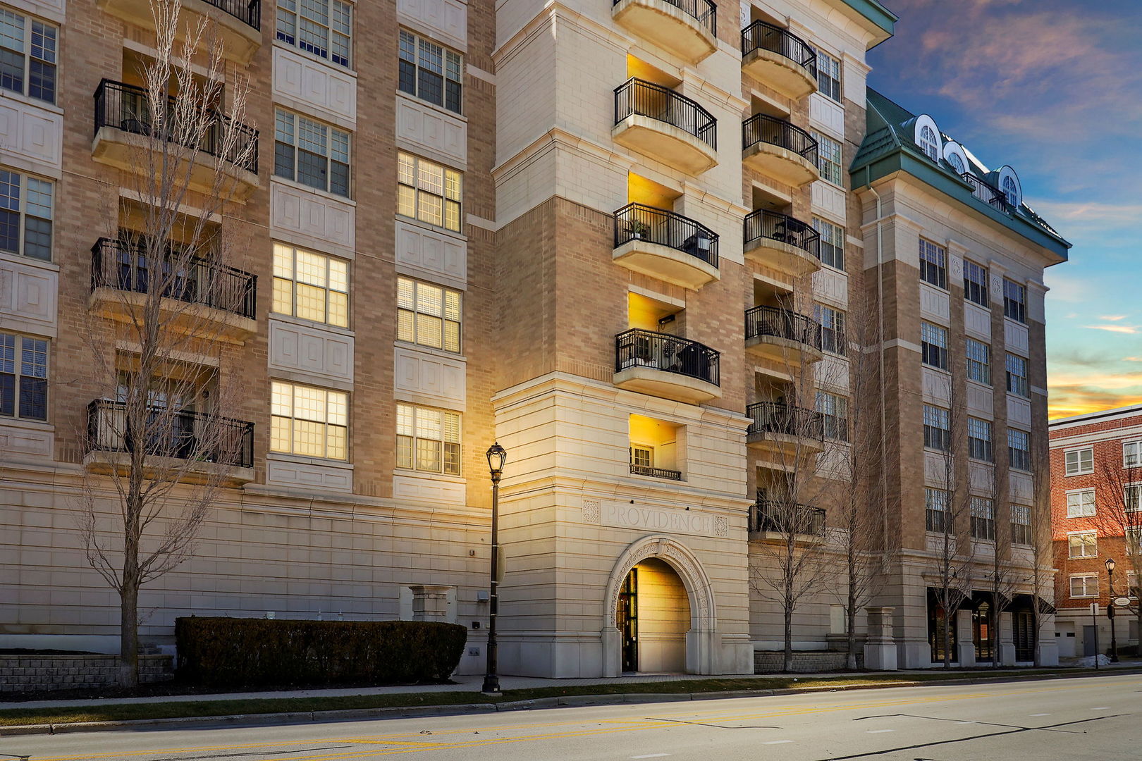 a front view of a multi story building