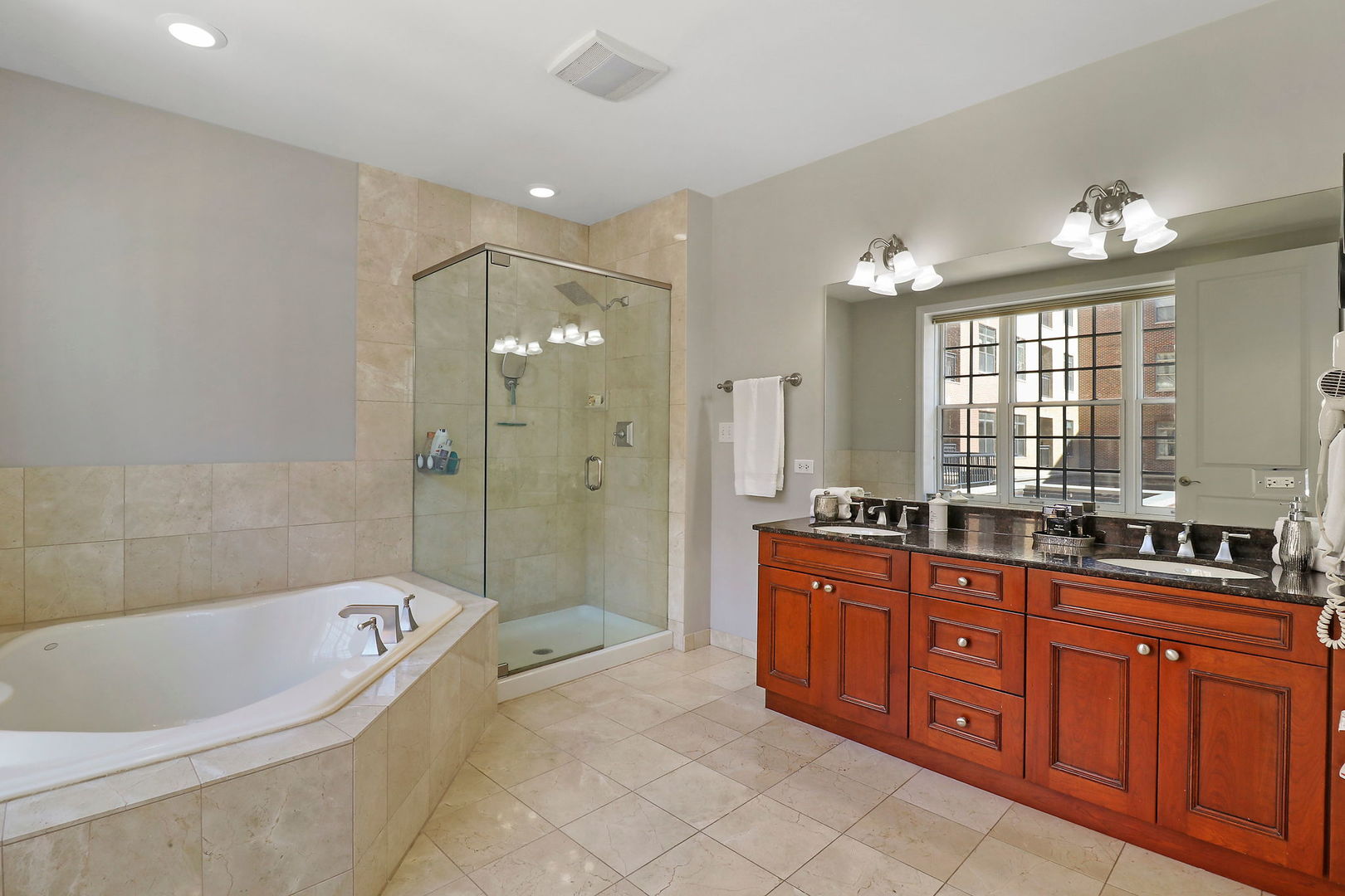 50 North Plum Grove Road, Unit 201E Palatine, IL 60067 - Photo 13 of 22 a large spacious bathroom with a granite countertop tub sink shower double vanity