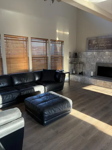 a living room with furniture and a fireplace