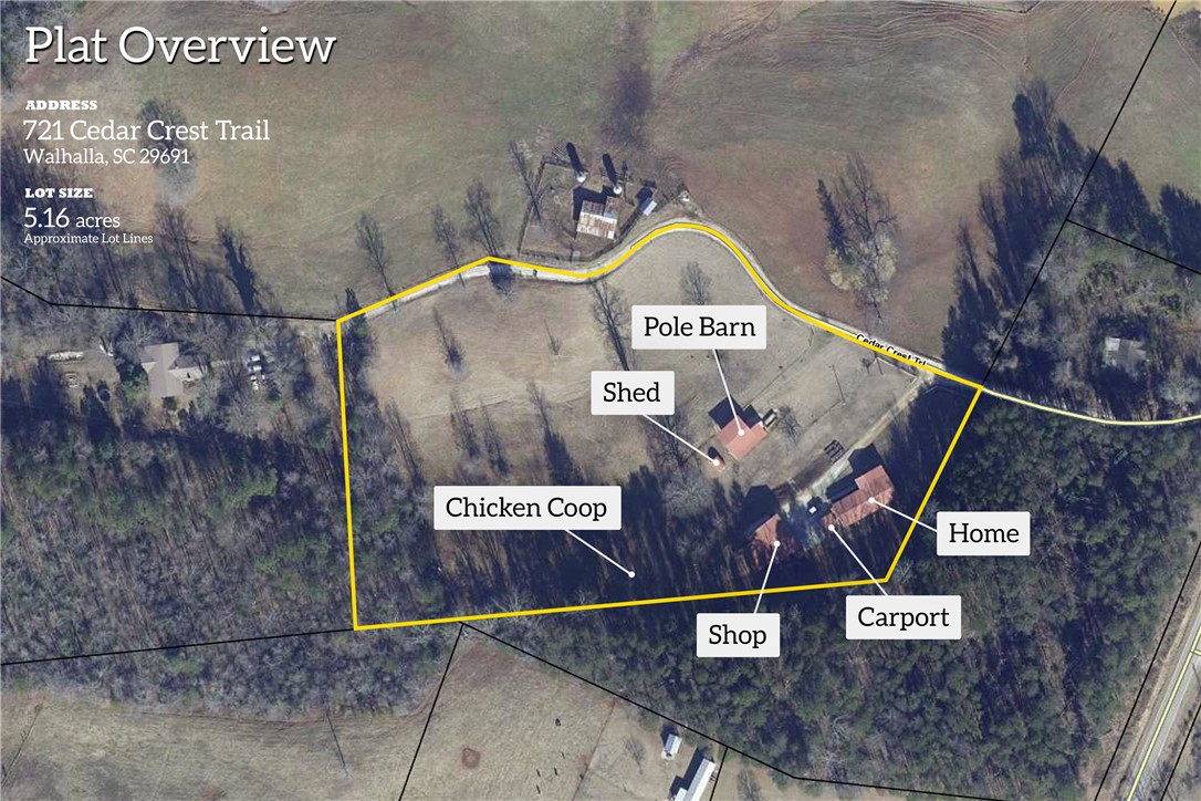 721 Cedar Crest Trail Walhalla, SC 29691 - Photo 2 of 47 Discover a vast 5.16-acre estate featuring a main residence, barn, workshop, shed, and chicken coop.