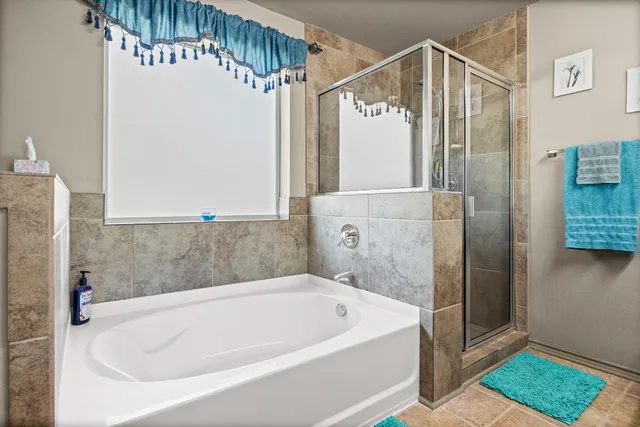 a bathroom with a bathtub and a shower