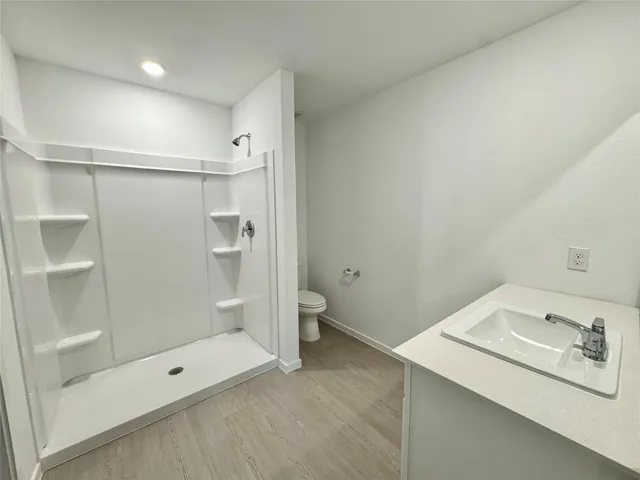 a bathroom with a shower and a toilet