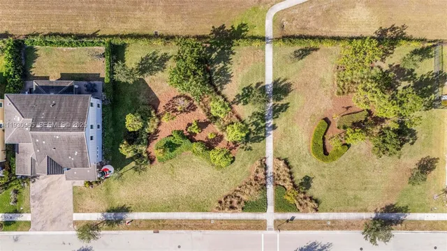 an aerial view of a house with a yard and large trees