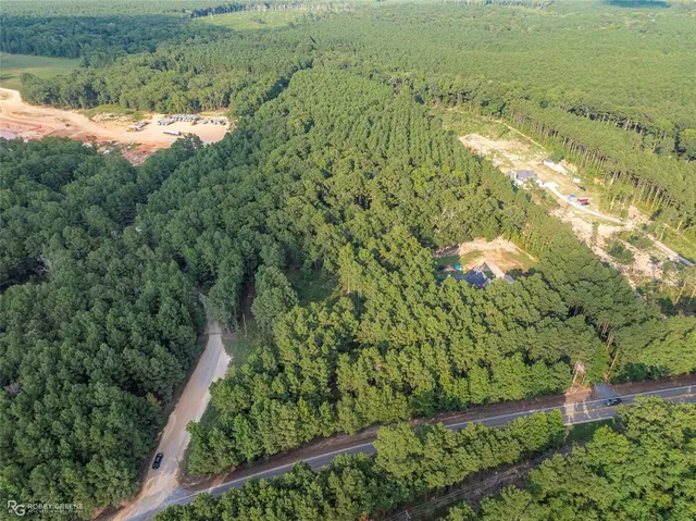 an aerial view of residential house with outdoor space and trees around