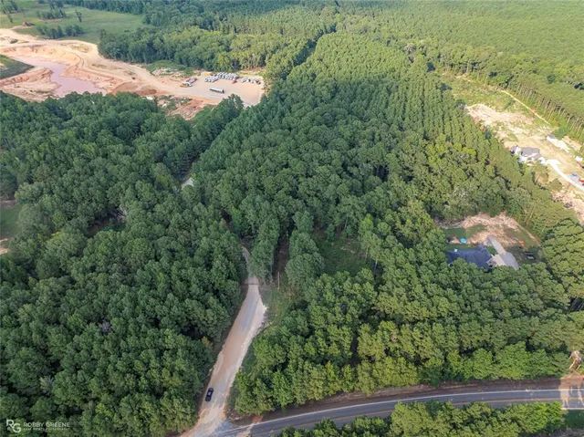 an aerial view of a house with a yard and trees