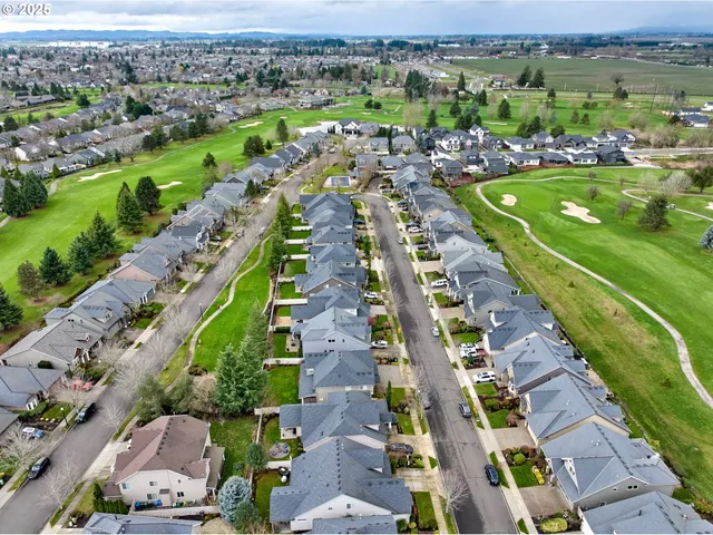 an aerial view of a house with a garden