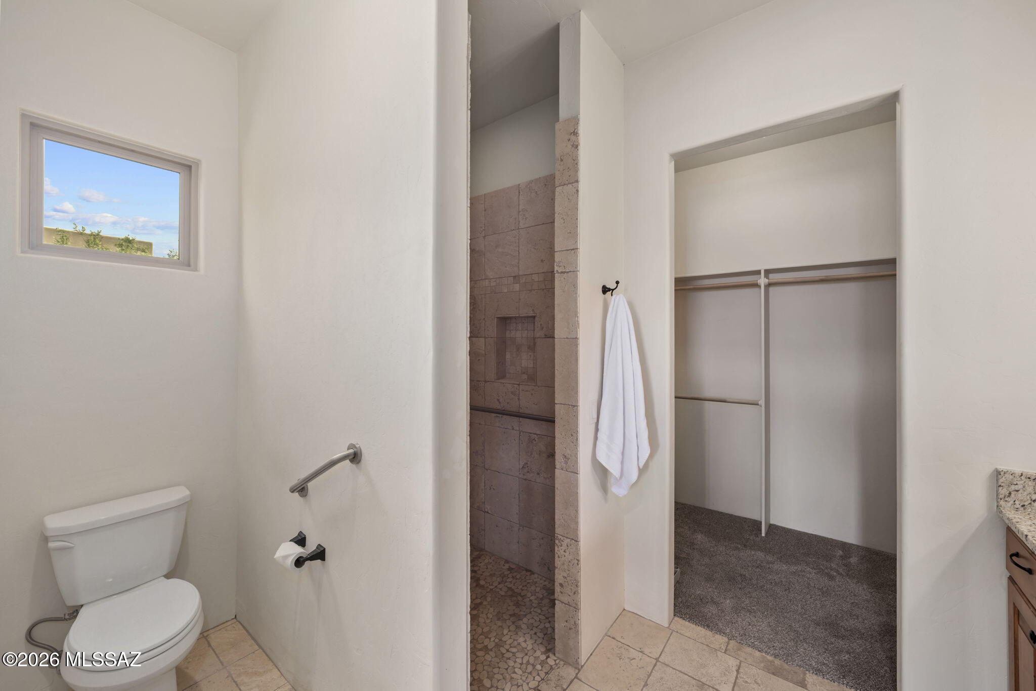 45 High View Court Tubac, AZ 85646 - Photo 31 of 44 a bathroom with a granite countertop toilet and a shower