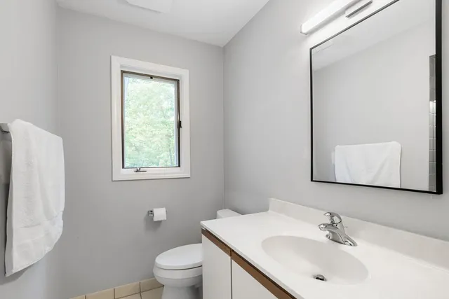 a bathroom with a sink toilet and mirror
