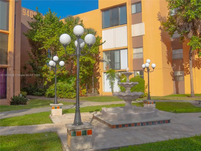 a view of a building with a garden
