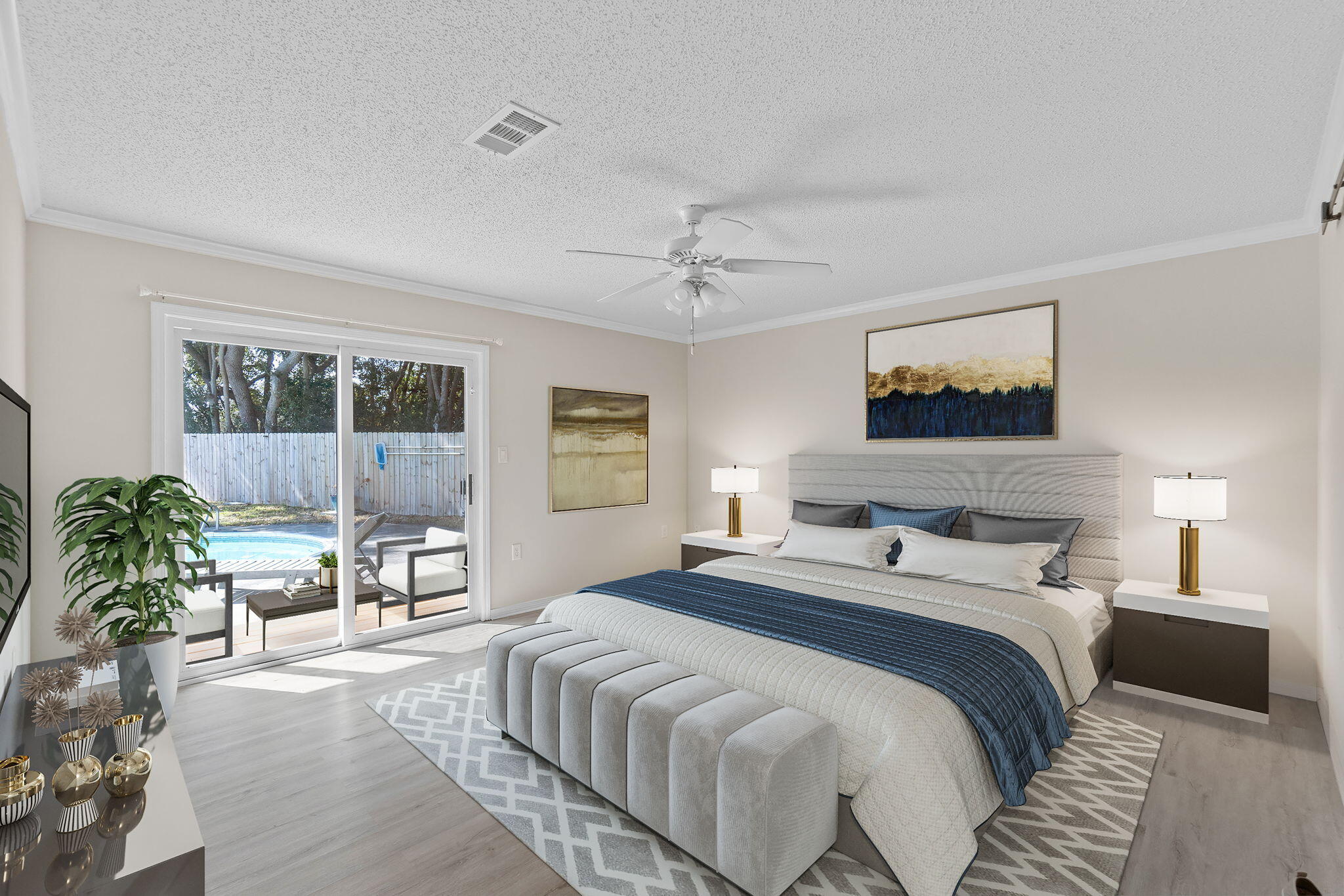 54 Country Club Road Shalimar, FL 32579 - Photo 18 of 58 a bedroom with a balcony a bed and a chair