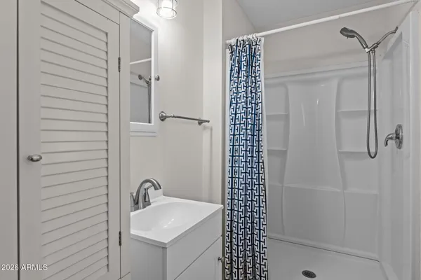 a bathroom with a sink shower and a mirror