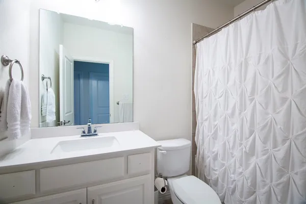 a bathroom with a sink a toilet and shower curtain