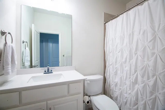 a bathroom with a sink a toilet and shower curtain