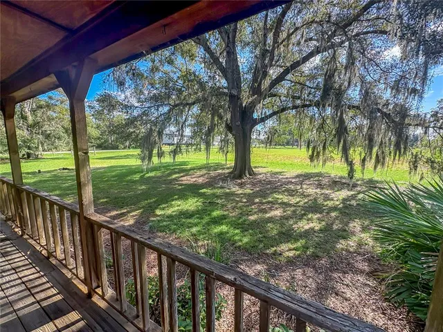 a view of a yard with a trees from a balcony