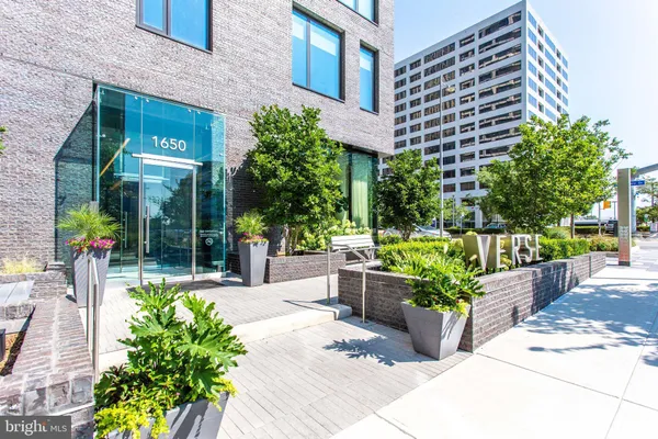 a view of a building with a garden