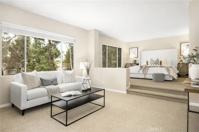 a living room with furniture and a potted plant
