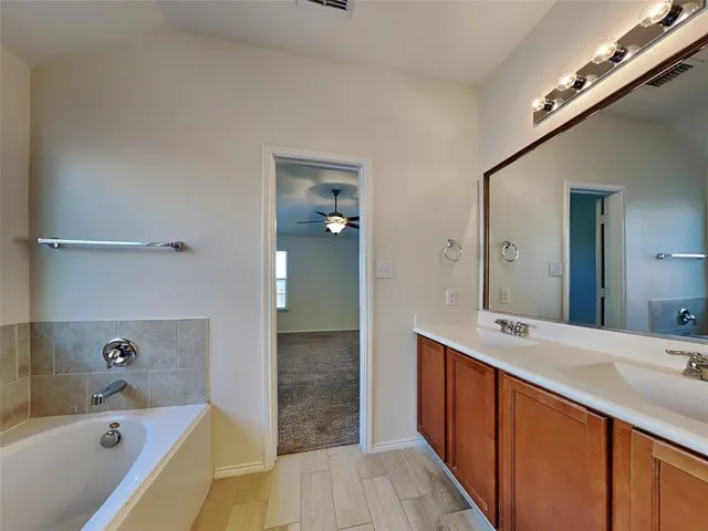 a bathroom with a tub double vanity sink and mirror