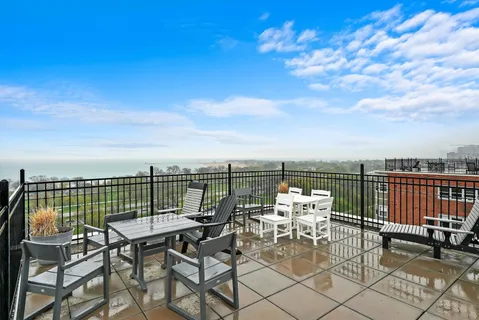 a roof deck with table and chairs and potted plants