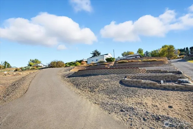 a view of a dry yard with wooden fence