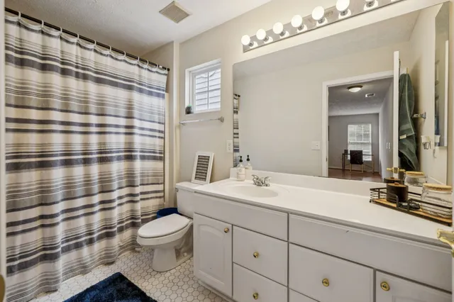 a bathroom with a sink a toilet a mirror and shower curtain