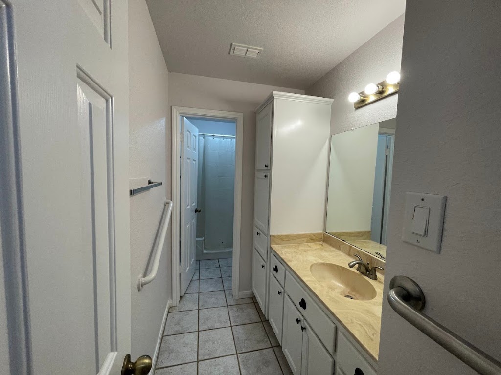 5001 Blue Bluff Road Austin, TX 78724 - Photo 22 of 28 a bathroom with a granite countertop sink a mirror and a shower